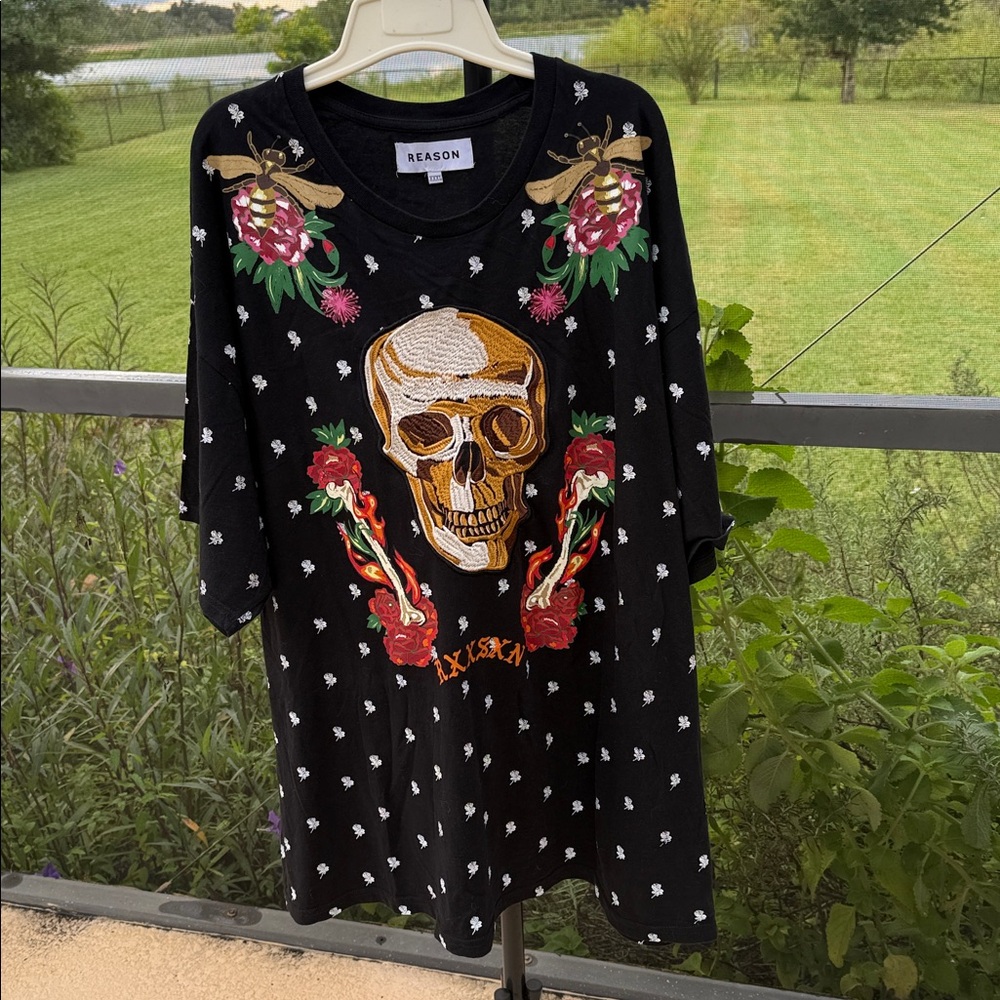 Reason Fire & Roses T-Shirt Short Sleeve Black w/ Embroidered Skull Mens XXXL